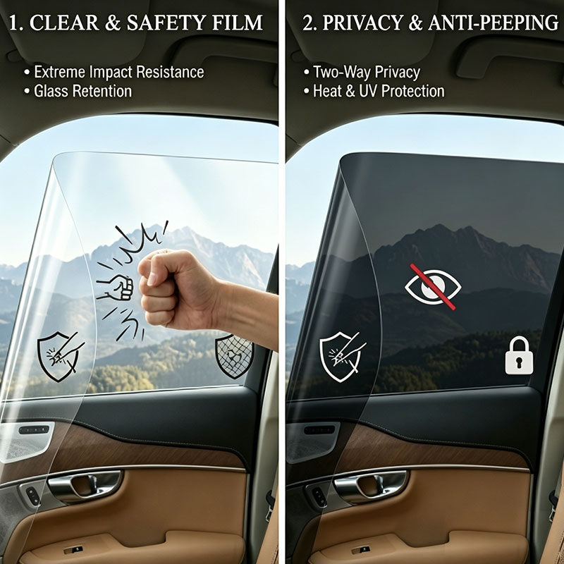 Película para ventanas automotrices transparente y segura